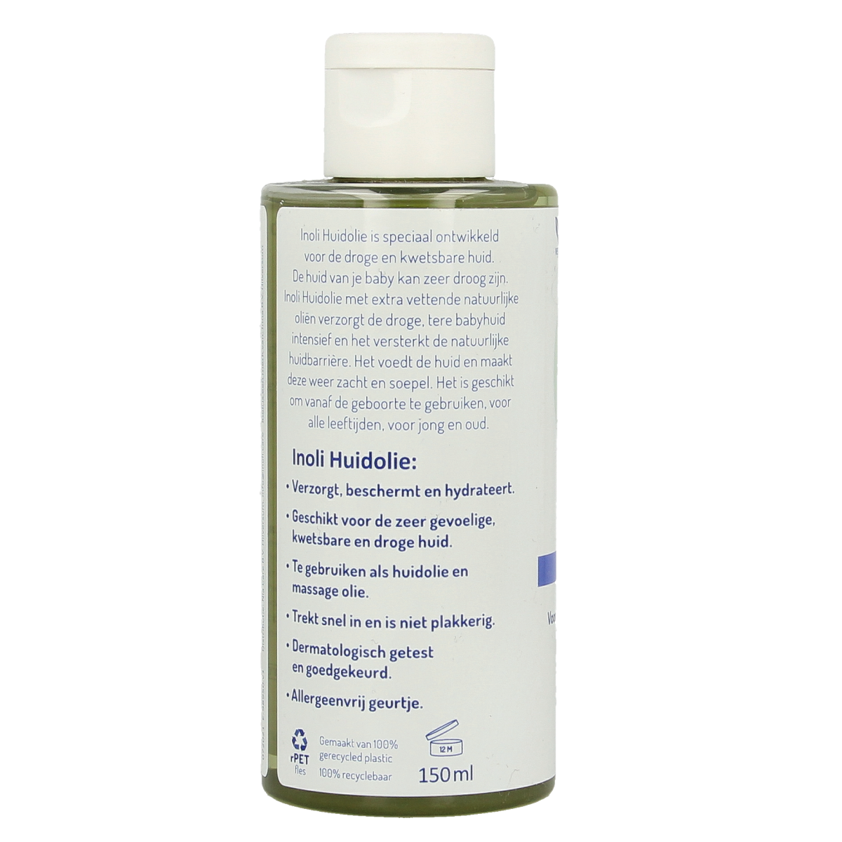 Inoli huidolie in 150ml bottle, natural body care product with a clear label, designed for nourishing and moisturizing the skin.