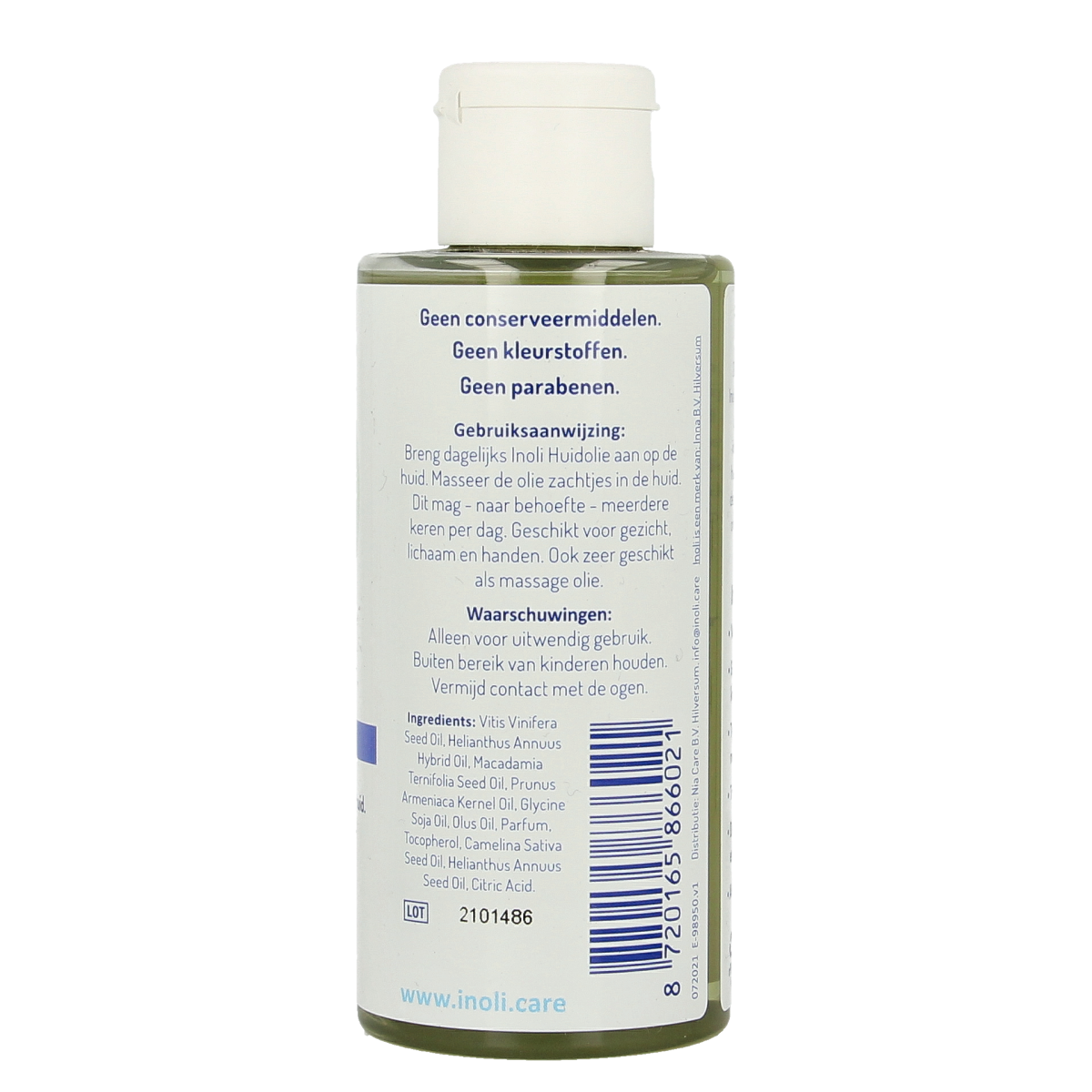 Inoli huidolie 150ml bottle, natural body care product with a clear label and minimalist design.