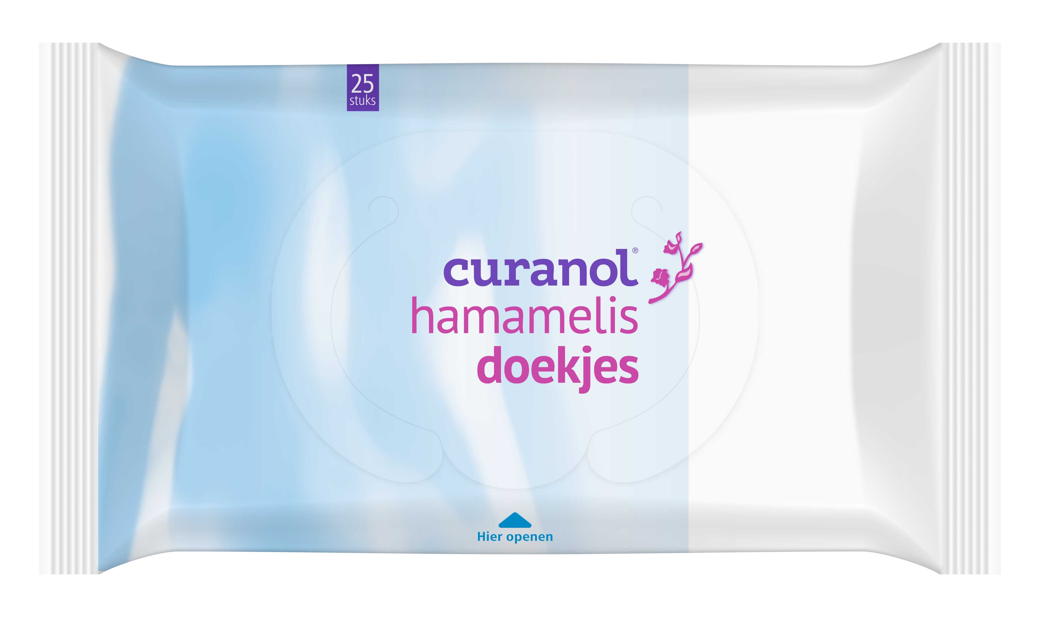 Curanol Hamamelis doekjes for body care, 25-pack, showing soft cleansing wipes with natural ingredients in a resealable pack.