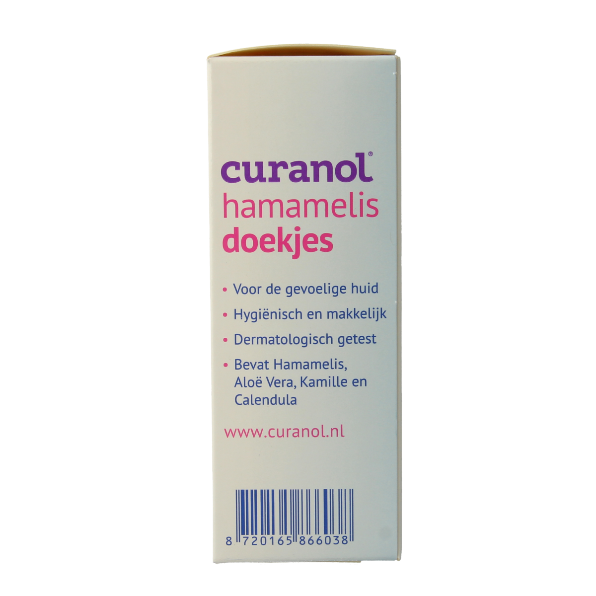 Curanol Hamamelis doekjes for body care, pack of 25 wipes with natural herbal ingredients, shown in the image.
