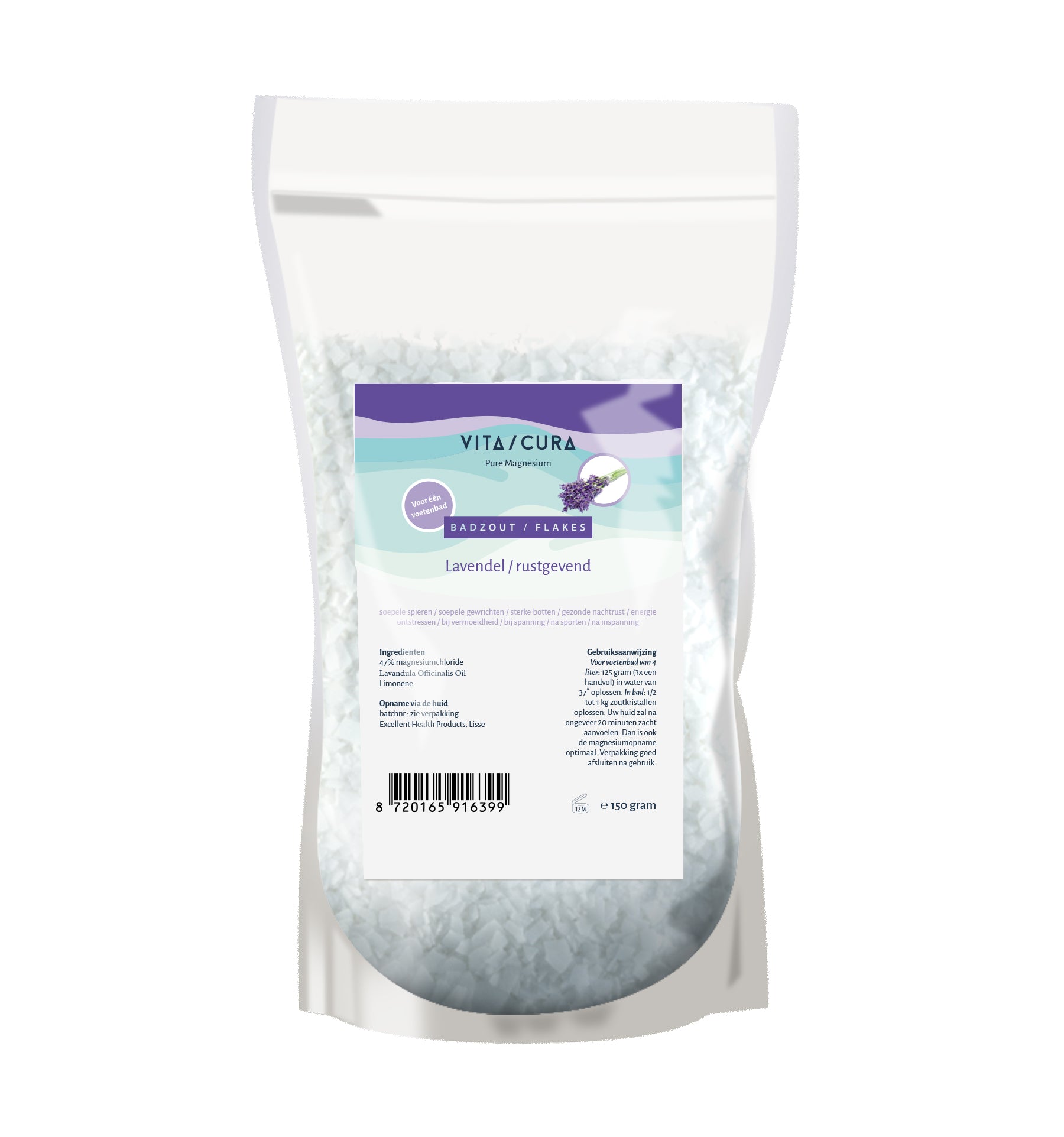Vitacura magnesium zout flakes with lavender for bath and shower, 150 grams, relaxing mineral bath salts in a clear jar.