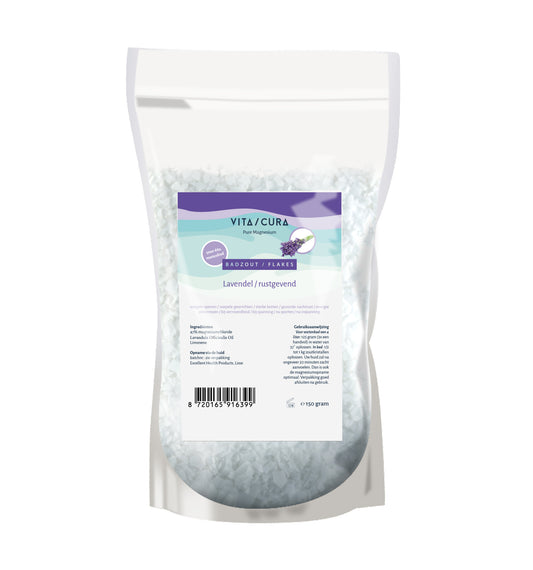 Vitacura magnesium zout flakes with lavender for bath and shower, 150 grams, relaxing mineral bath salts in a clear jar.