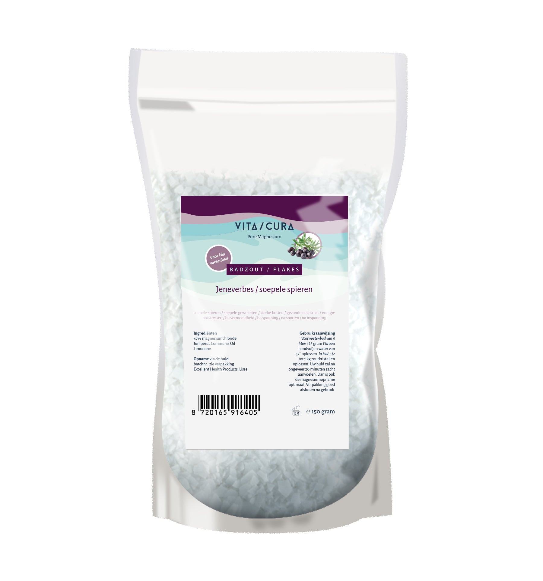 Vitacura Magnesium bath and shower salt flakes with juniper berries, 150g, natural mineral bath product, close-up of salt flakes and juniper berries