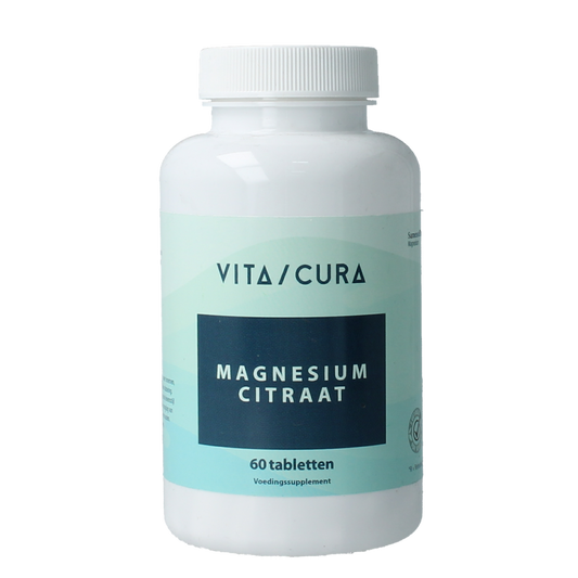 Vitacura Magnesium Citraat 60 tablets, mineral supplement bottle with tablets visible in the image.