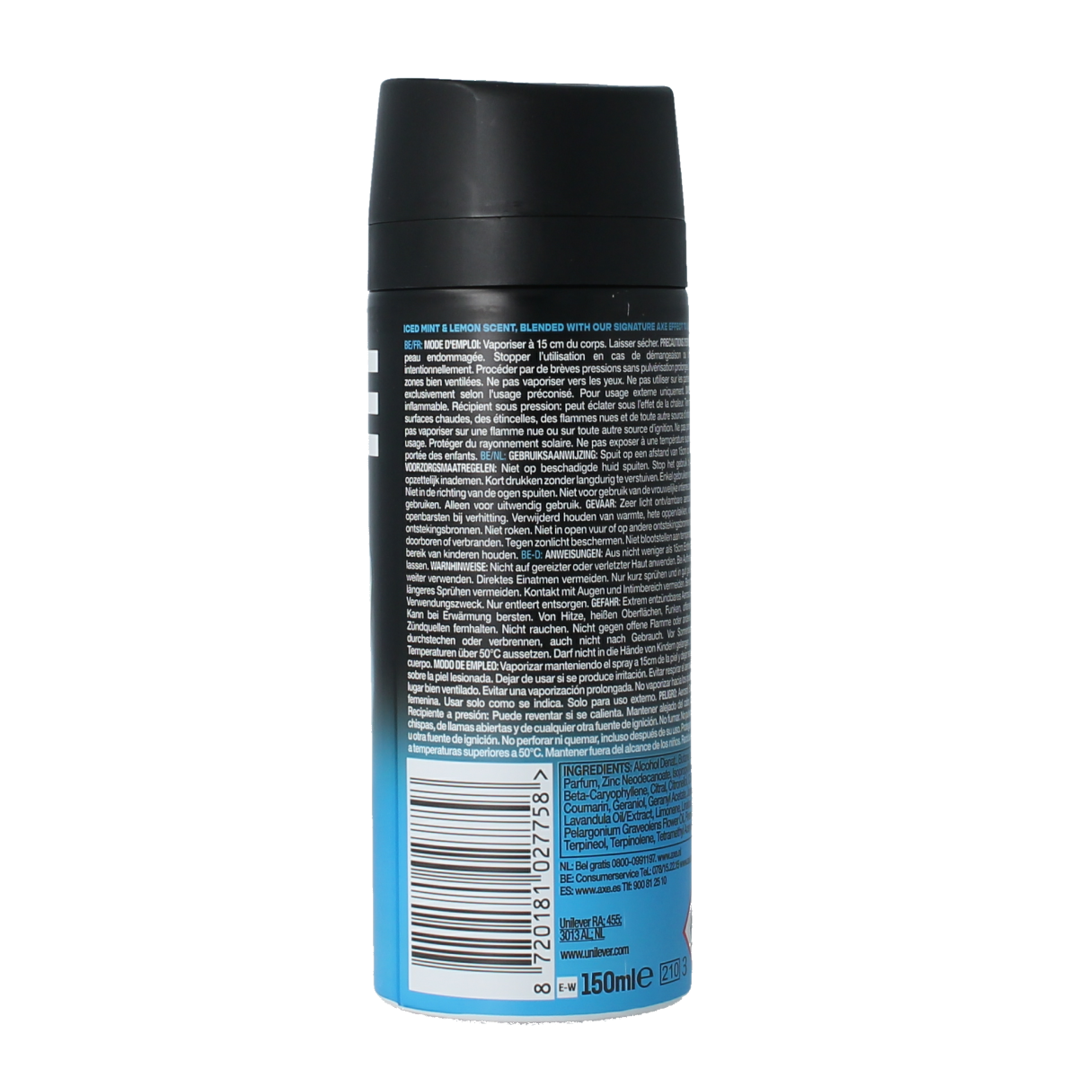AXE Ice Chill deodorant bodyspray in a 150ml spray can, featuring a sleek design and fresh, icy scent.