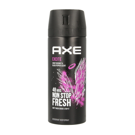 AXE Deodorant Bodyspray Excite in 150ml spray bottle, featuring sleek design and brand logo, ready for freshening up.