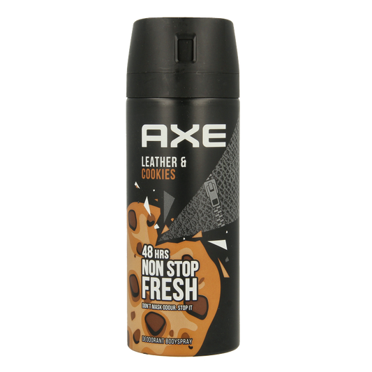AXE Deodorant Bodyspray Leather & Cookies 150ml spray bottle with black and gold design and product label.