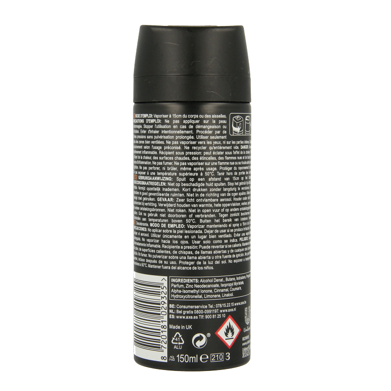 AXE Deodorant Body Spray Leather & Cookies 150ml bottle with black and gold design, featuring the AXE logo and product label.