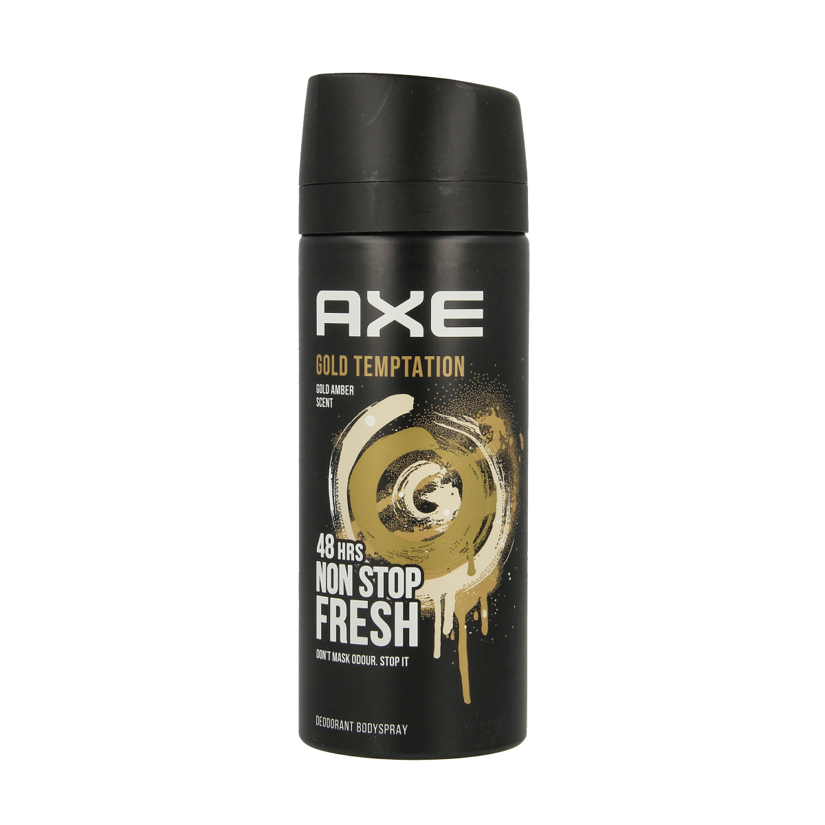 AXE Gold Temptation deodorant bodyspray bottle, 150ml, with gold and black design, showcasing the AXE brand and product label.