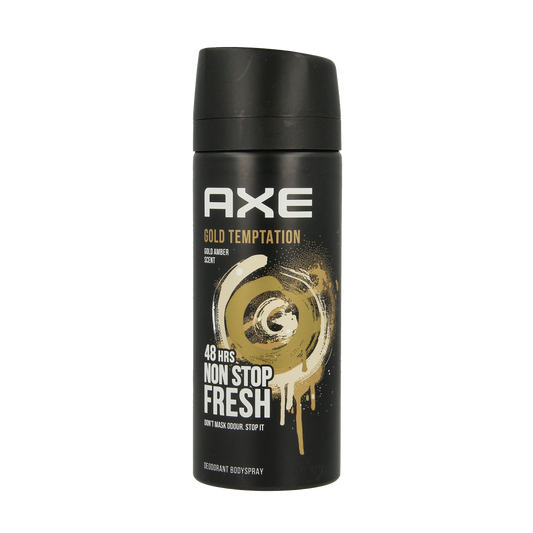 AXE Gold Temptation deodorant bodyspray bottle, 150ml, with gold and black design, showcasing the AXE brand and product label.