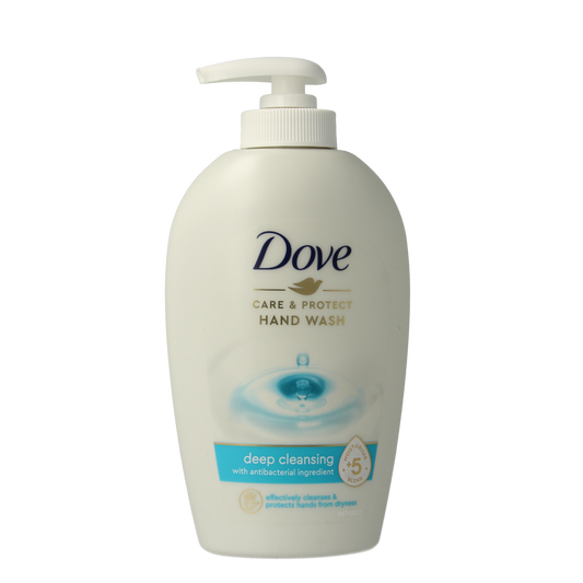Dove Handzeep liquid care and protect hand soap in a 250ml bottle, designed for gentle hand cleansing and skin protection.