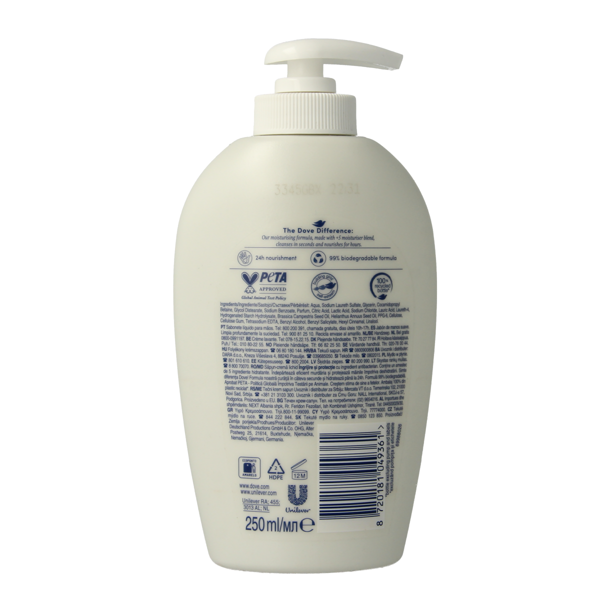 Dove Handzeep Liquid Care & Protect hand soap bottle, 250ml, with soft foam and moisturizing formula for gentle hand cleaning.