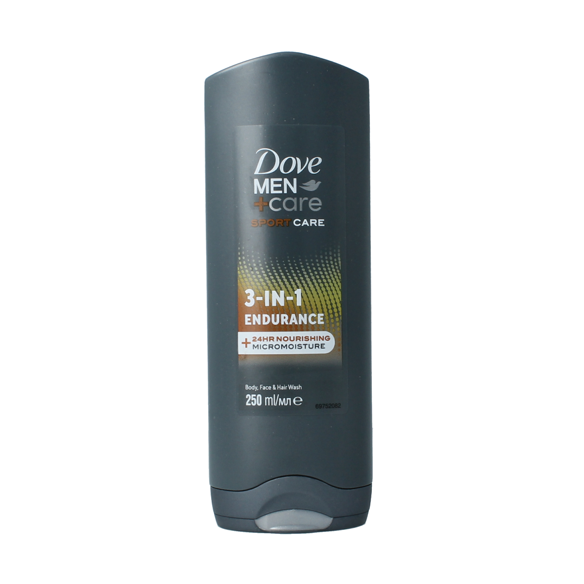 Dove Men+Care Sport Endurance 3-in-1 shower gel, 250ml, for body, face, and hair with sporty scent and moisturizing formula.