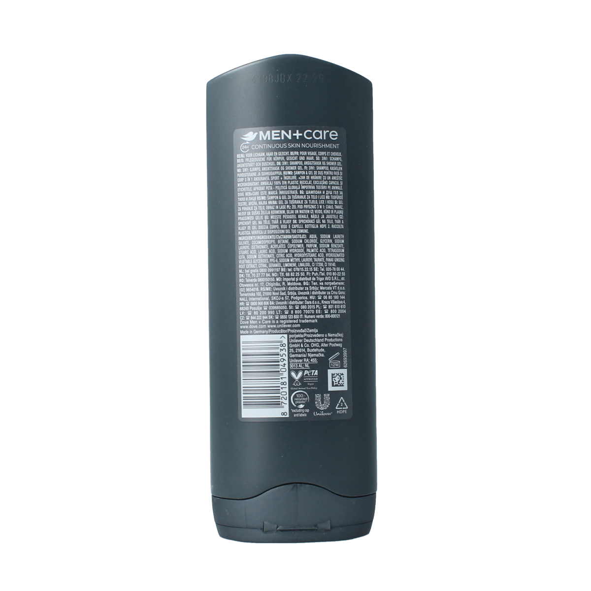 Dove Men+Care Sport Endurance 3-in-1 shower gel in a 250ml bottle, designed for body, face, and hair cleansing.