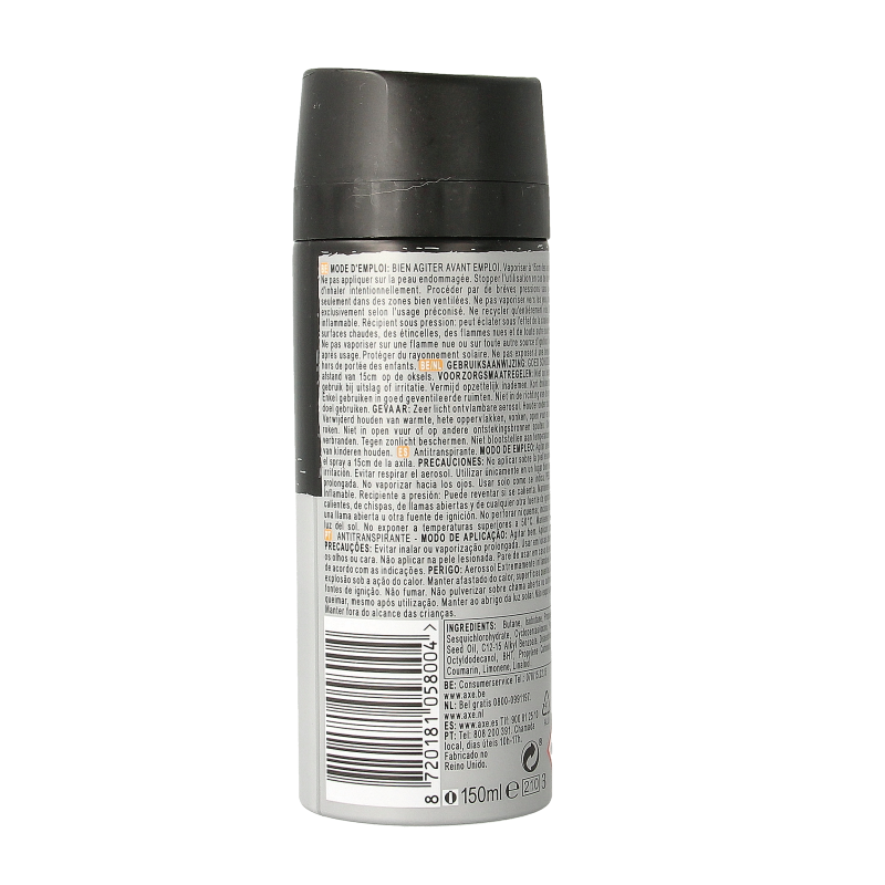 AXE Dark Temptation deodorant spray bottle, 150ml, with black and gold packaging, showing the AXE brand and product details.