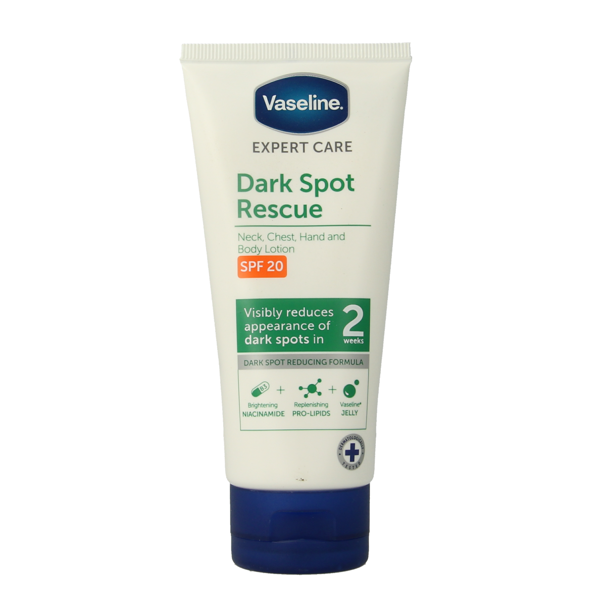 Vaseline Dark Spot Rescue Lotion 100g, creamy body lotion for skin brightening and dark spot treatment, in a white tube.