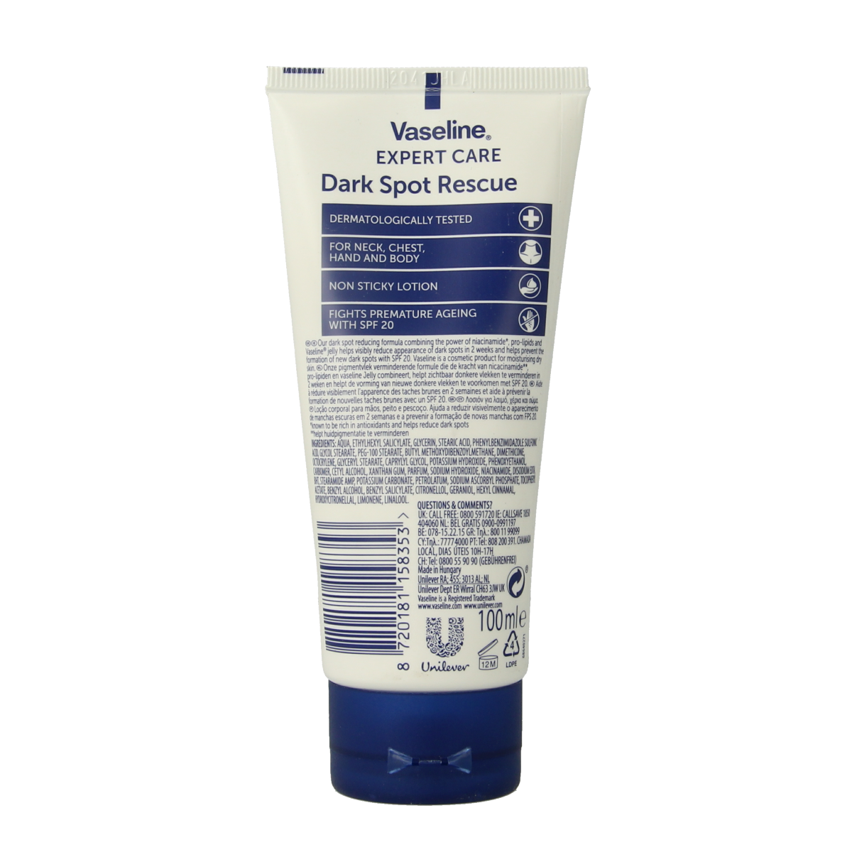 Vaseline Dark Spot Rescue Lotion 100g for body care, featuring smooth, hydrating formula for skin brightening and dark spot reduction.