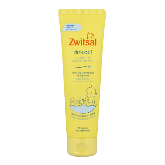 Zwitsal Zinkzalf tube 100g for baby and toddler skin care, featuring a white tube with a blue cap and label.