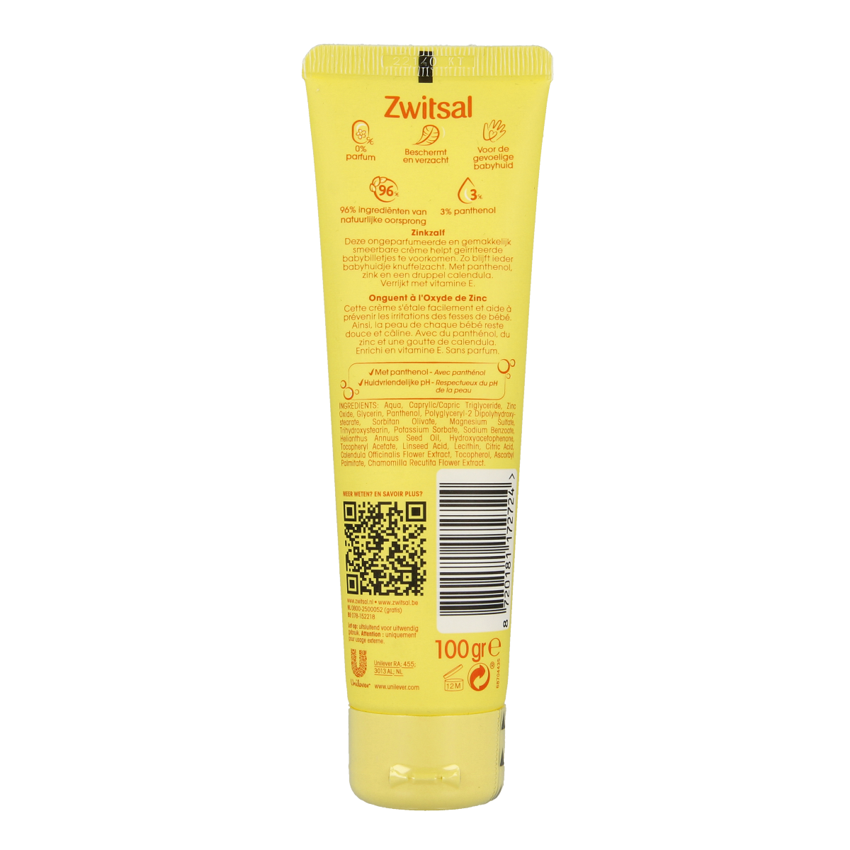 Tube of Zwitsal Zinkzalf baby and toddler care product, 100 grams, with packaging showing the Zwitsal brand logo and product details.