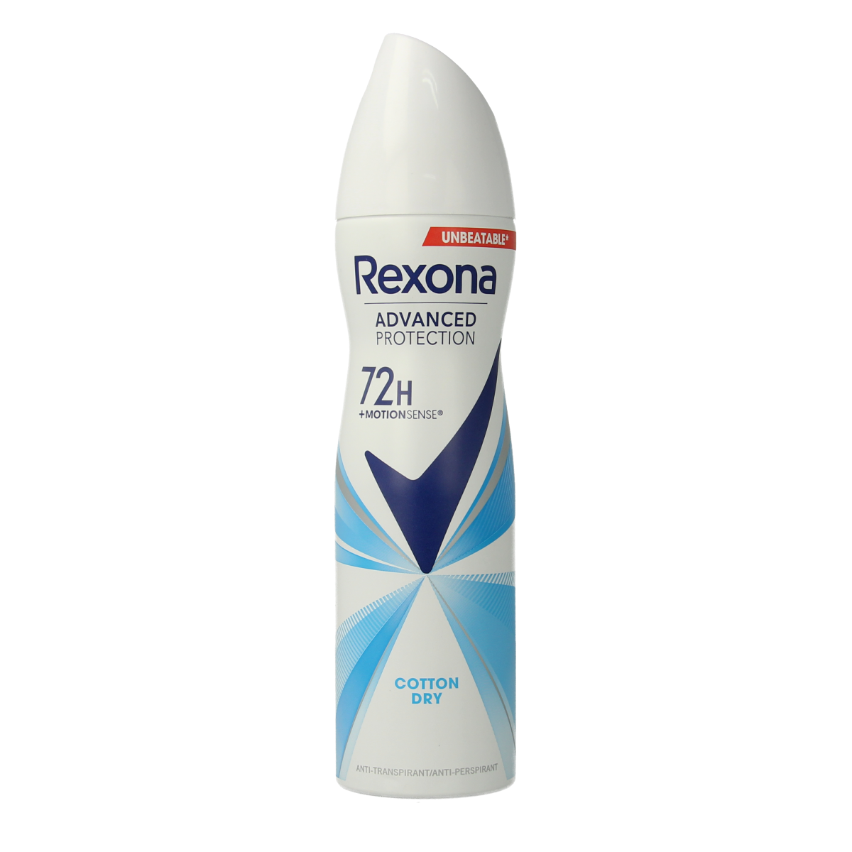 Rexona Cotton Dry deodorant spray bottle with 150ml capacity, featuring a sleek white design and spray nozzle.