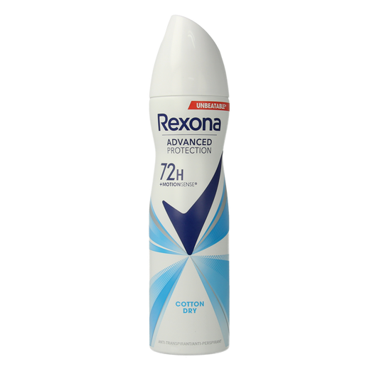 Rexona Cotton Dry deodorant spray bottle with 150ml capacity, featuring a sleek white design and spray nozzle.