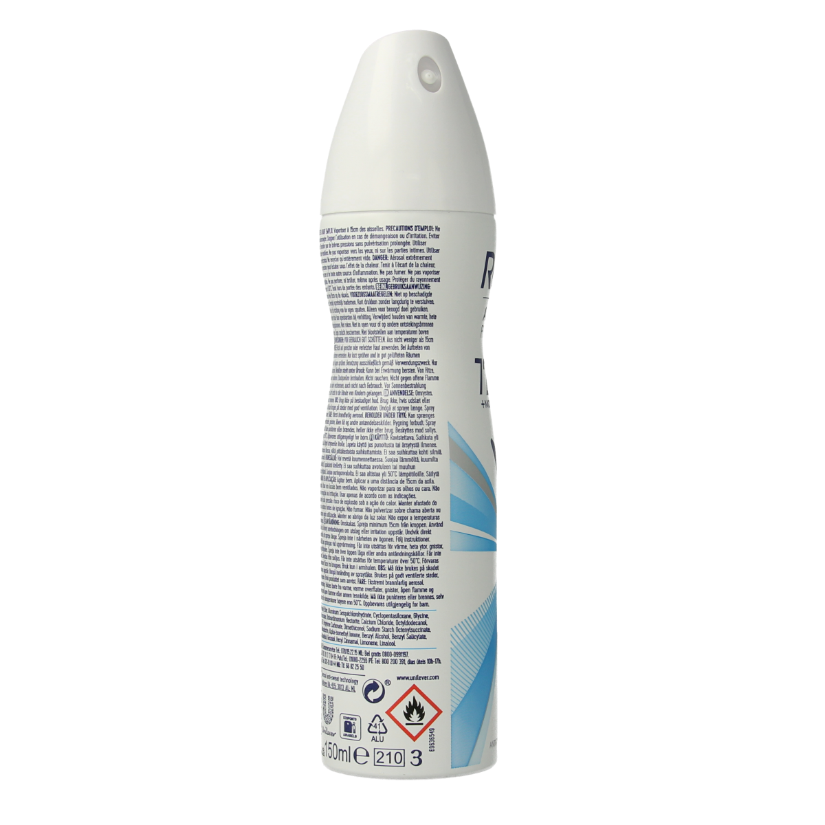 Rexona Cotton Dry deodorant spray in 150ml bottle, with white and blue packaging and spray nozzle visible.