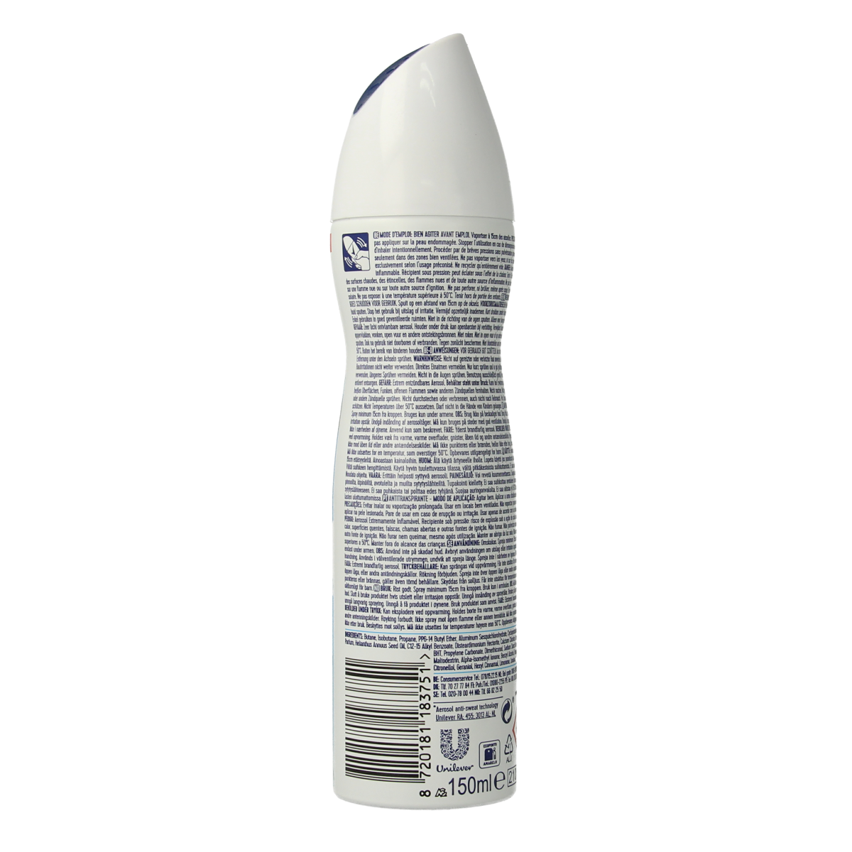 Rexona Cotton Dry deodorant spray in 150ml bottle, featuring a sleek design and spray nozzle for fresh, dry underarm protection.