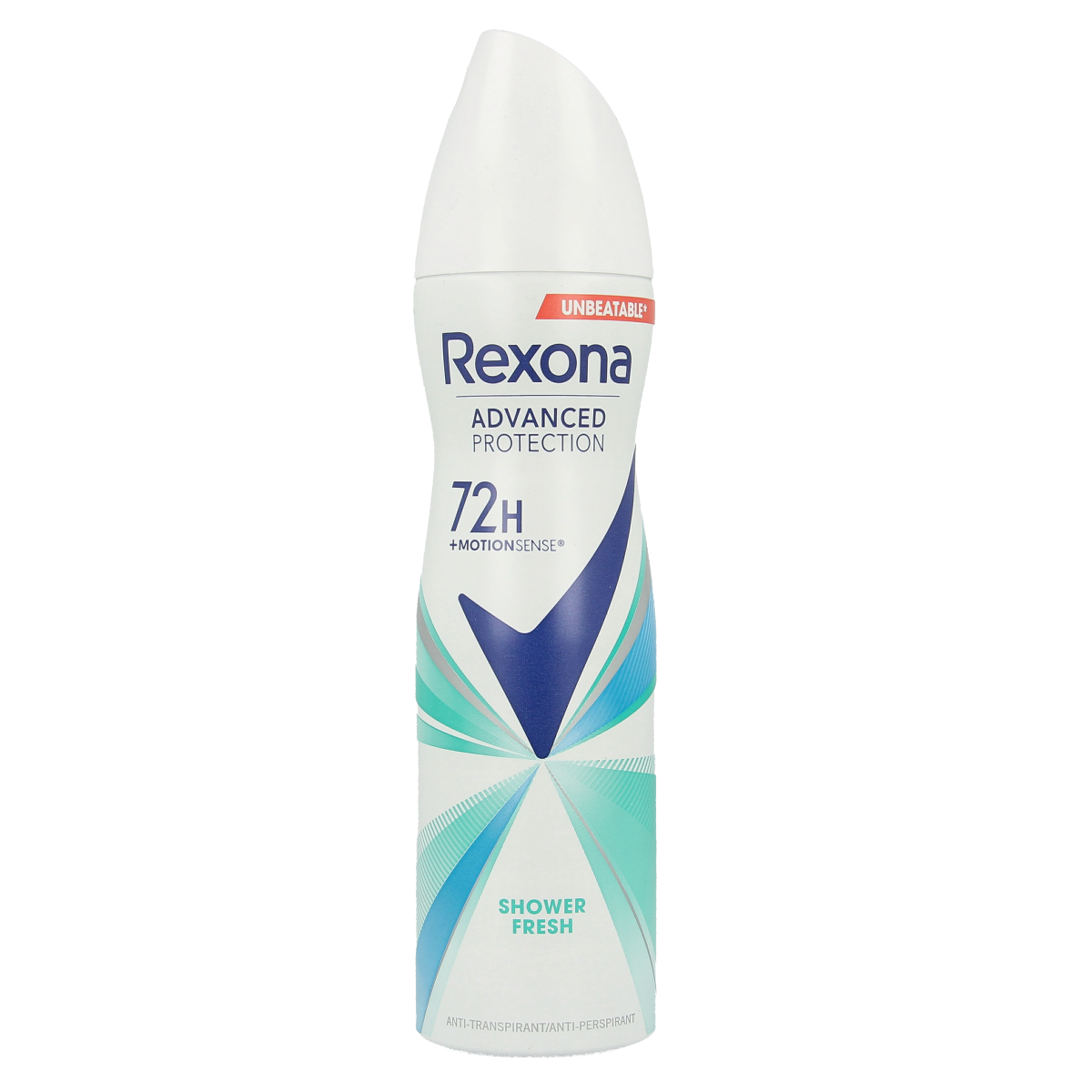 Rexona Shower Fresh deodorant spray bottle, 150ml, with a white and blue label and spray nozzle visible.