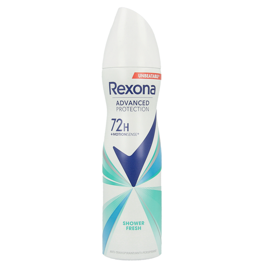 Rexona Shower Fresh deodorant spray bottle, 150ml, with a white and blue label and spray nozzle visible.