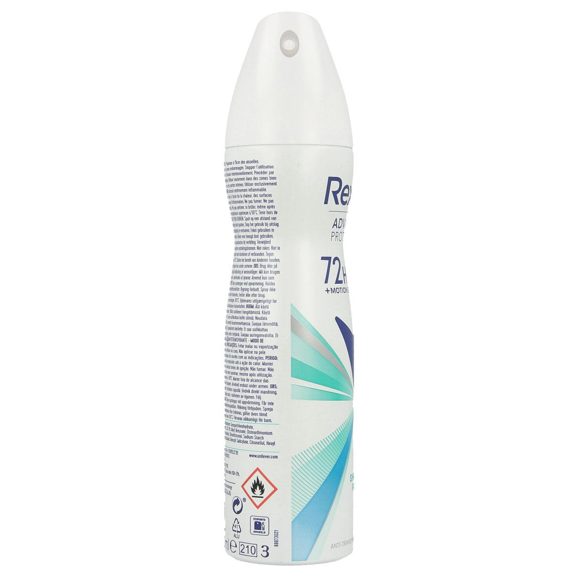 Rexona shower fresh deodorant spray bottle, 150ml, with a white and blue label, showcasing the product design and branding.