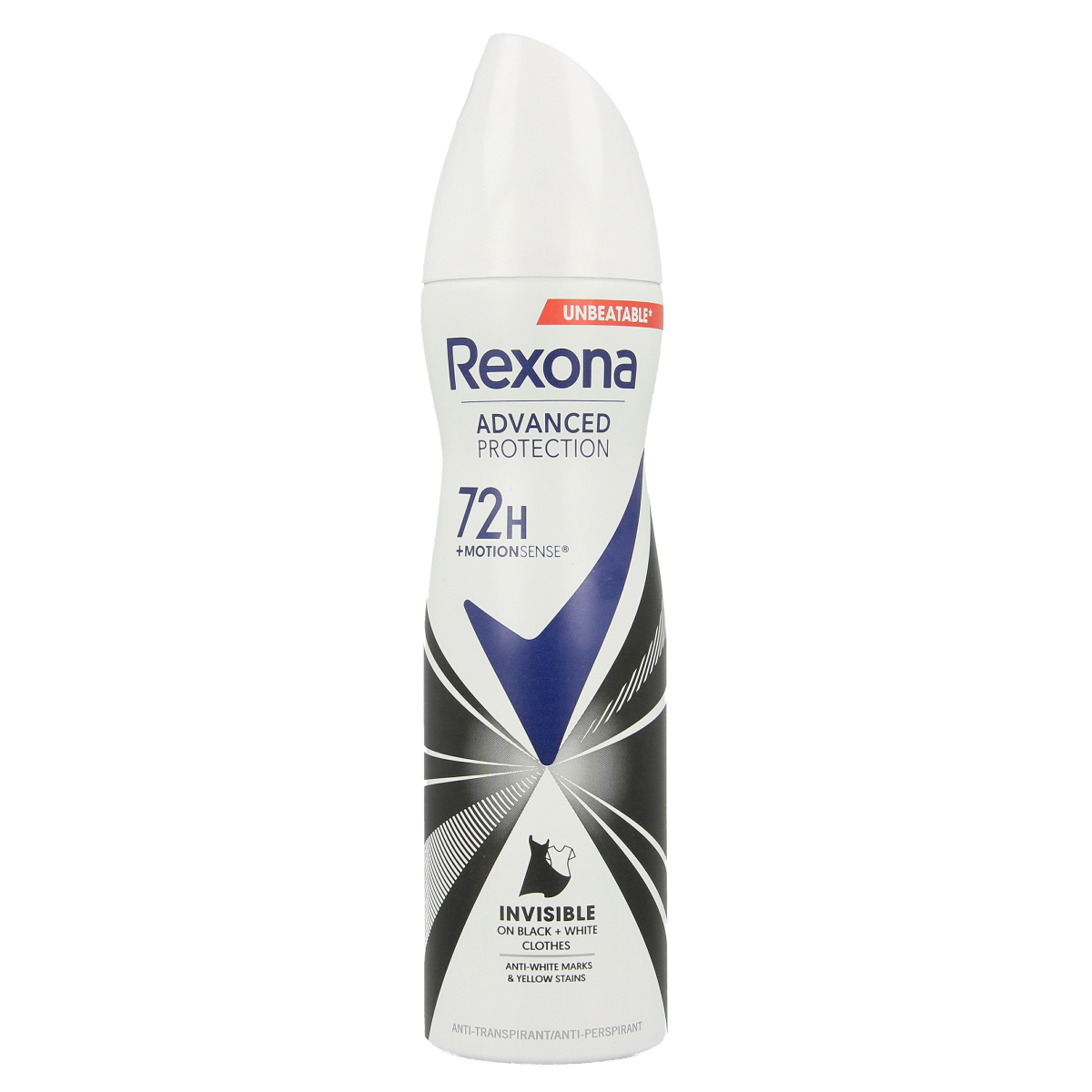 Rexona invisible deodorant spray bottle with 150ml capacity, featuring a sleek design and clear label.