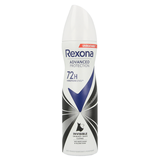 Rexona invisible deodorant spray bottle with 150ml capacity, featuring a sleek design and clear label.