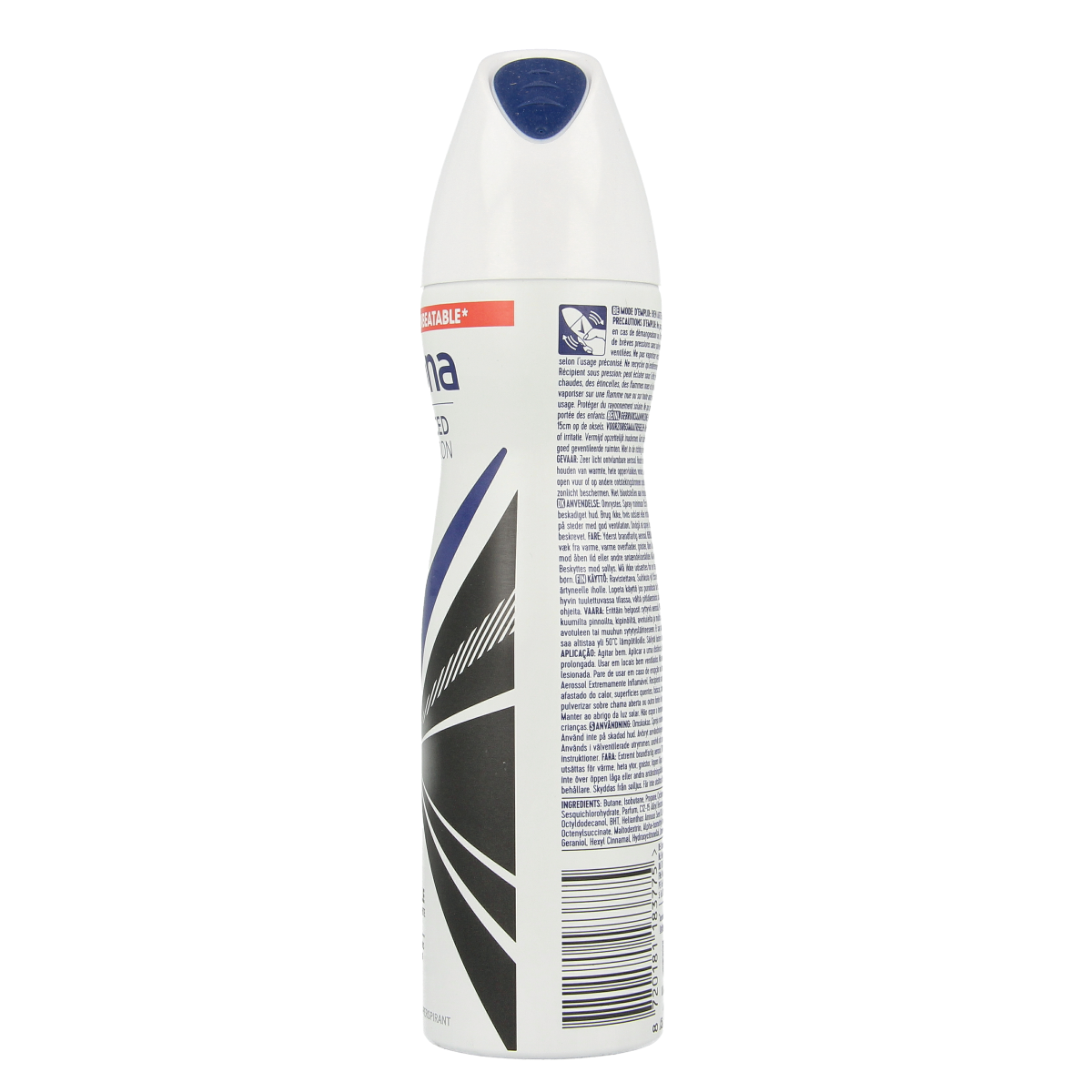 Rexona deodorant spray invisible 150ml bottle with a sleek silver and blue design, standing upright with a spray nozzle visible.
