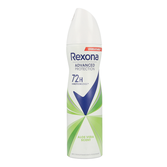 Rexona deodorant spray with aloe vera in 150ml bottle, featuring a sleek design and label highlighting aloe vera benefits.