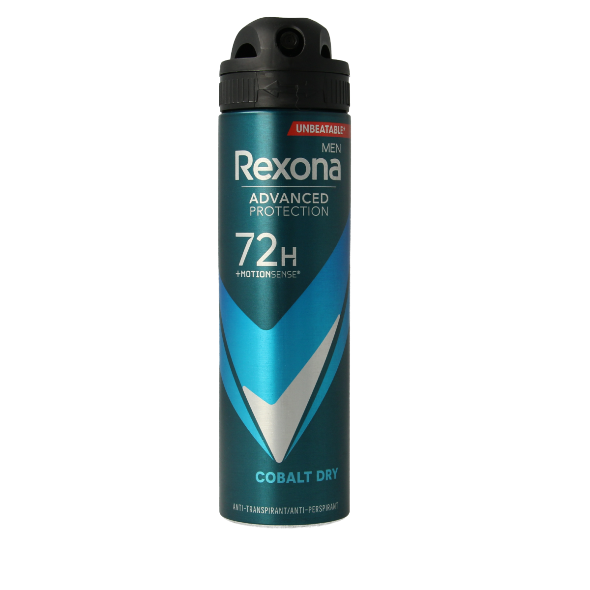 Rexona Men Dry cobalt deodorant spray, 150ml bottle, with aerosol can design and blue label, for effective odor protection