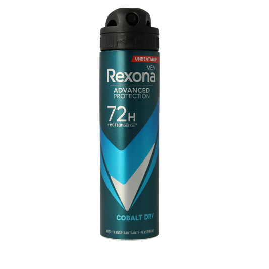 Rexona Men Dry cobalt deodorant spray, 150ml bottle, with aerosol can design and blue label, for effective odor protection