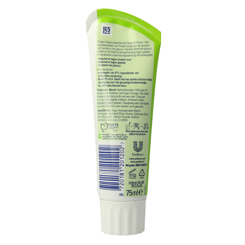 Prodent tandpasta glazuur bescherming voor kinderen 5-12 jaar, 75 ml tube, dental care for young teeth.