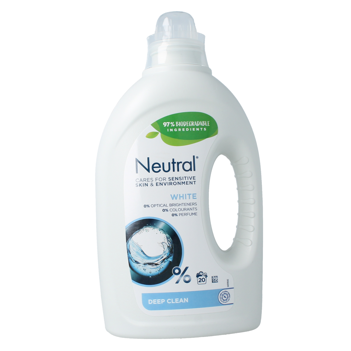 Neutral wasmiddel in white, 1-liter bottle, gentle laundry detergent for whites and colors, with a clean, minimalist design.
