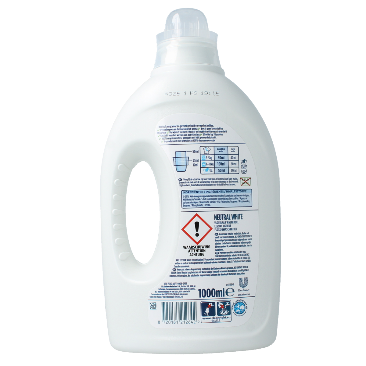 Neutral washing detergent in a 1-liter bottle, suitable for laundry, with a clean, minimalistic label design.