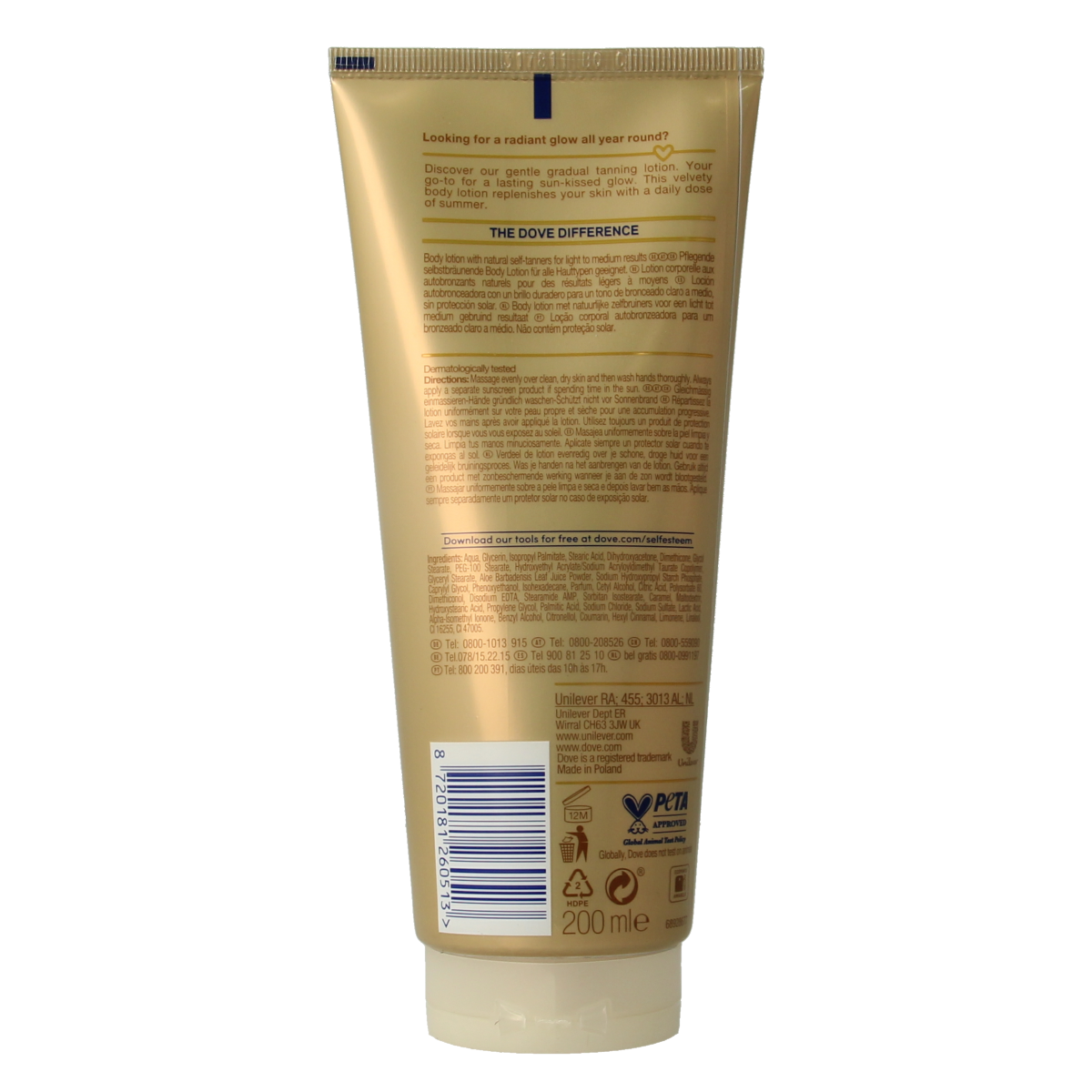 Dove Summer Fair body lotion bottle, 200ml, with smooth, creamy texture and colorful label for skin hydration and summer glow.