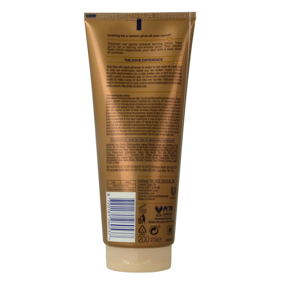 Dove Summer Dark Body Lotion 200ml in a sleek bottle, designed for nourishing summer skincare and smooth skin.