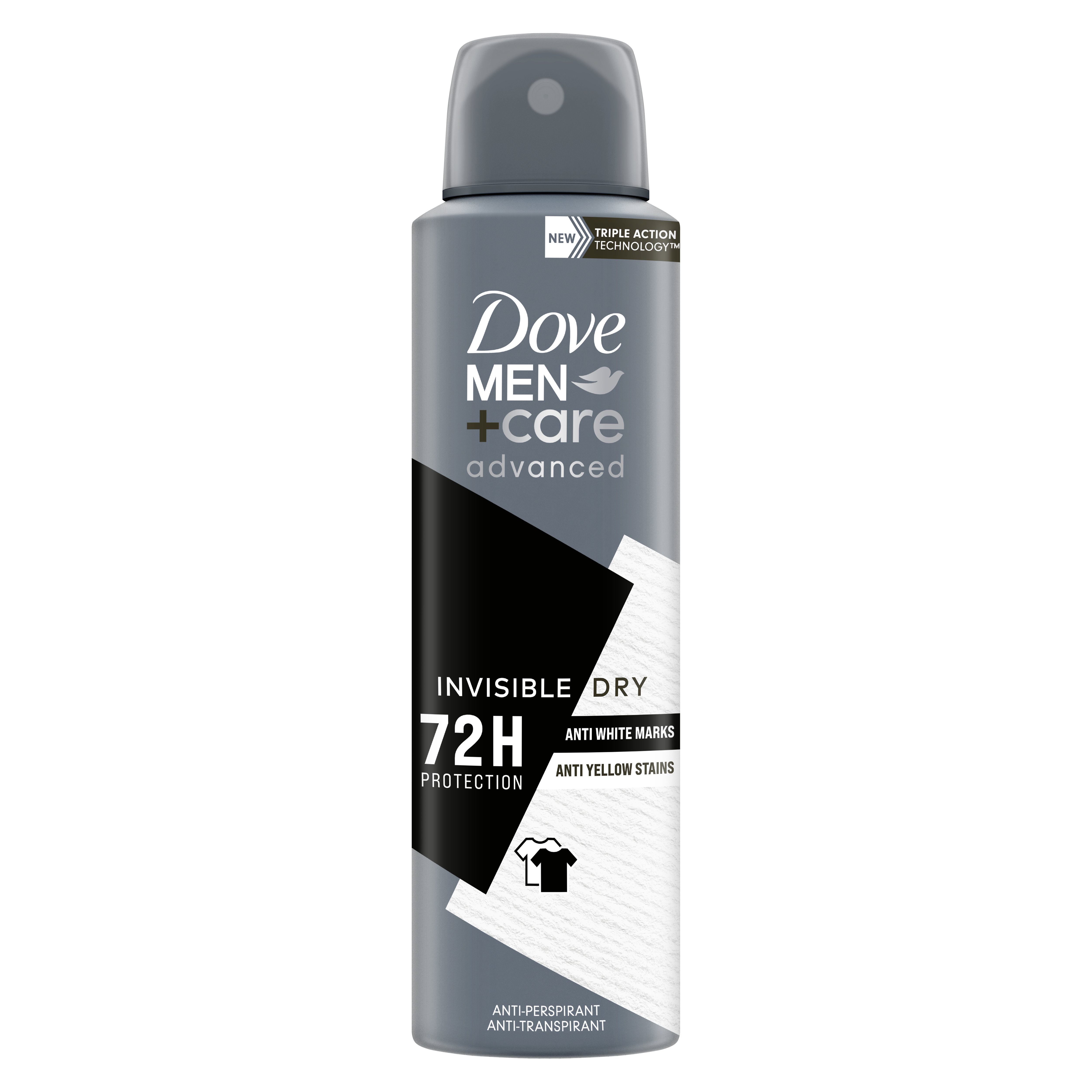 Dove Men+Care Invisible Dry deodorant spray in 150ml bottle, featuring a sleek design and applicator cap.