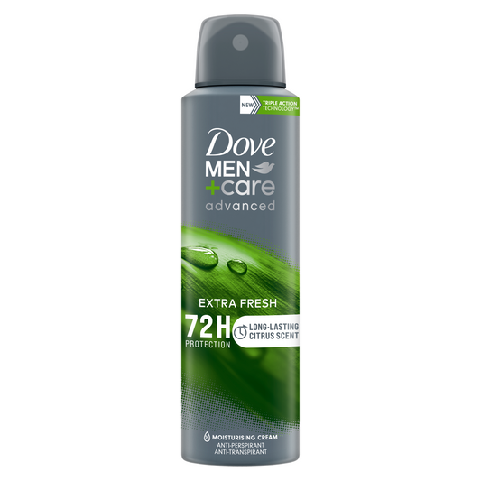 Dove Men+Care Extra Fresh deodorant spray in 150ml bottle, designed for men’s fresh and clean scent, with a sleek container.