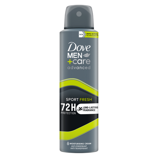 Dove Men+Care Sport Fresh deodorant spray in 150ml bottle, featuring a sleek design and fresh scent for active men.