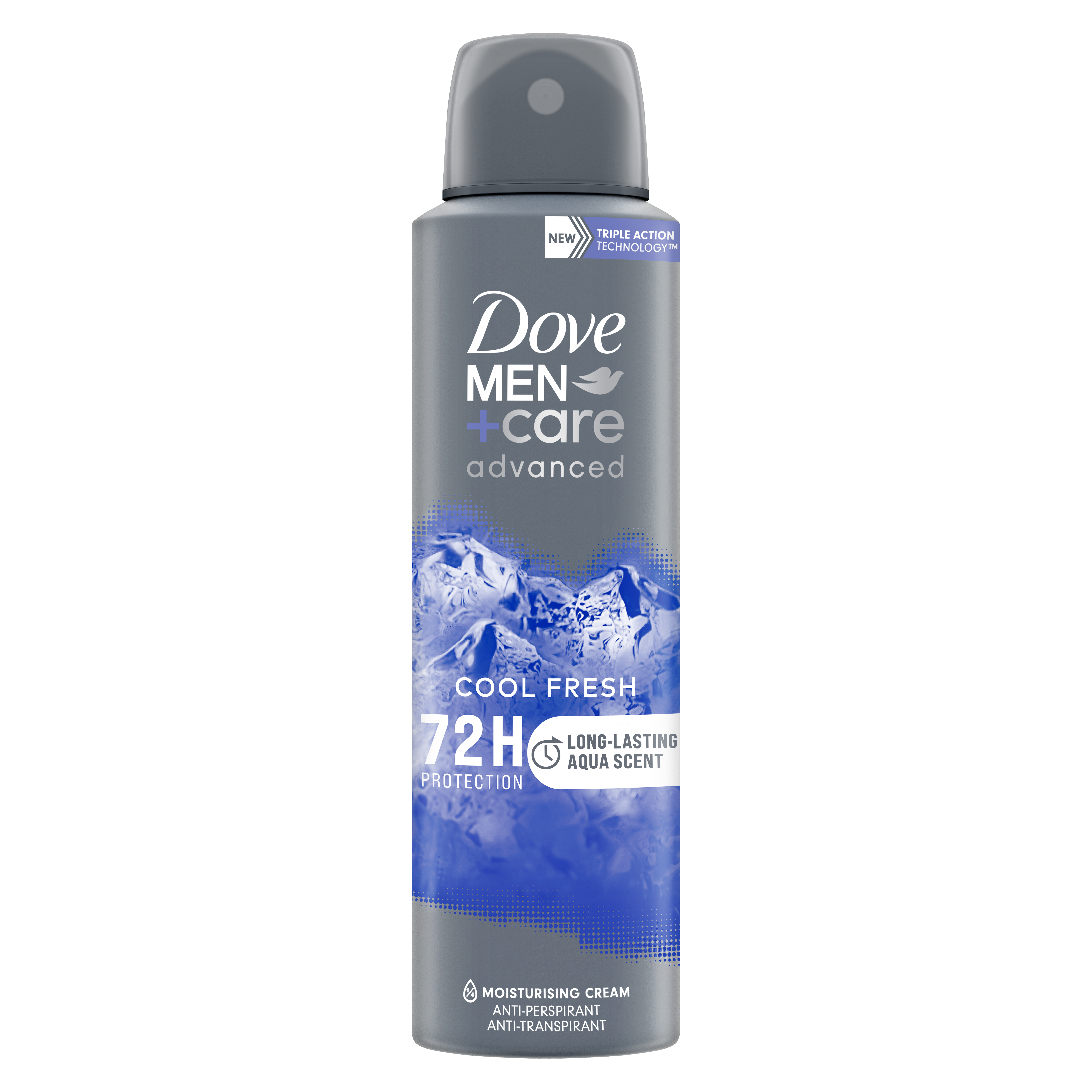 Dove Men+Care Cool Fresh deodorant spray in 150ml bottle with a sleek design and fresh blue label.