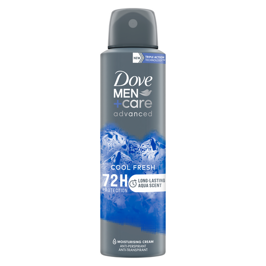 Dove Men+Care Cool Fresh deodorant spray in 150ml bottle with a sleek design and fresh blue label.