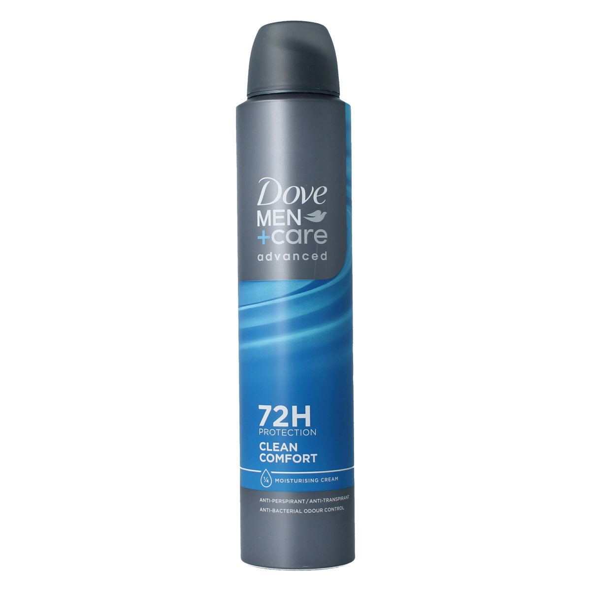 Dove Men+Care Clean Comfort deodorant spray bottle, 200ml, with sleek design and brand logo visible on the container
