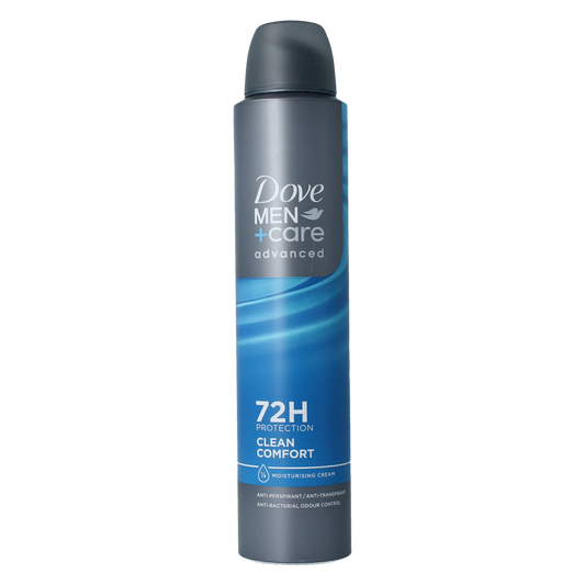 Dove Men+Care Clean Comfort deodorant spray bottle, 200ml, with sleek design and brand logo visible on the container