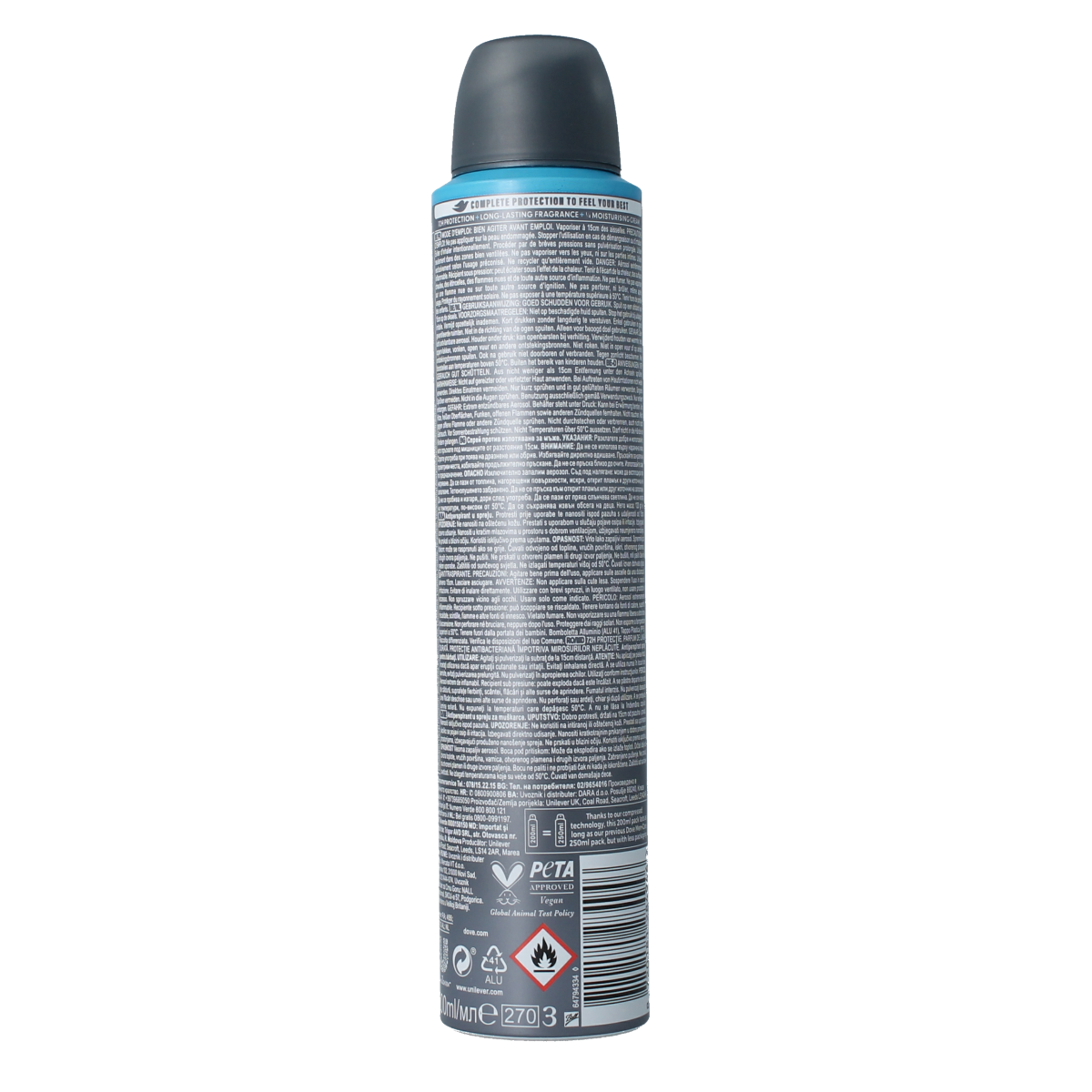 Dove Men+Care Clean Comfort deodorant spray in 200ml bottle with white and blue packaging for fresh, long-lasting scent.