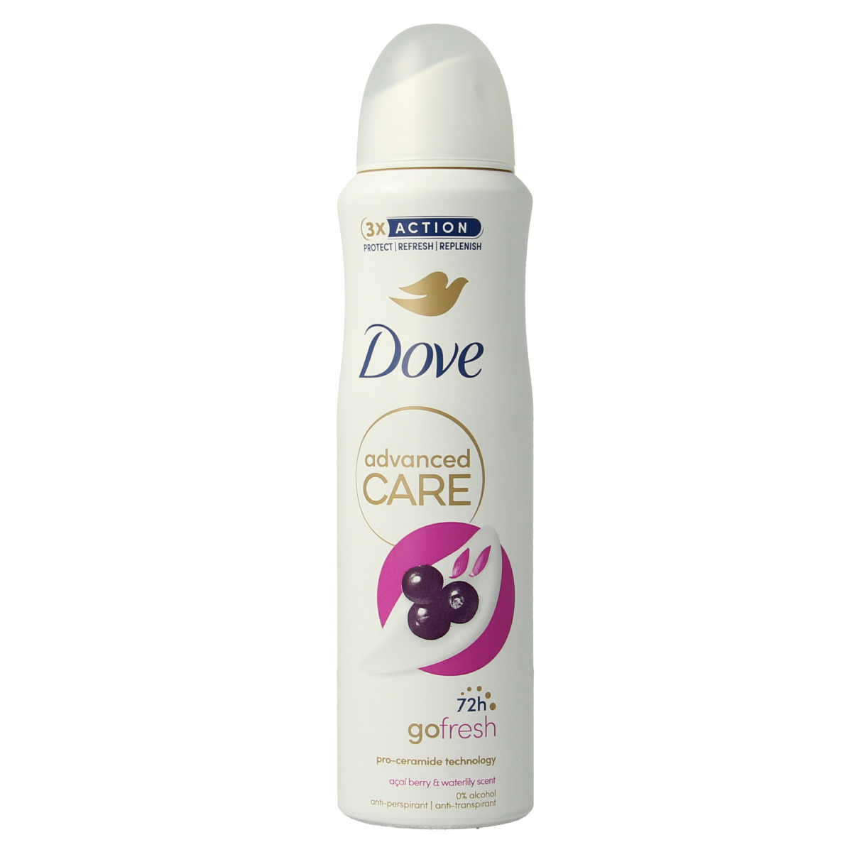 Dove deodorant spray with advanced acai and waterlily scent, 150ml bottle, fresh floral fragrance, visible spray nozzle and packaging